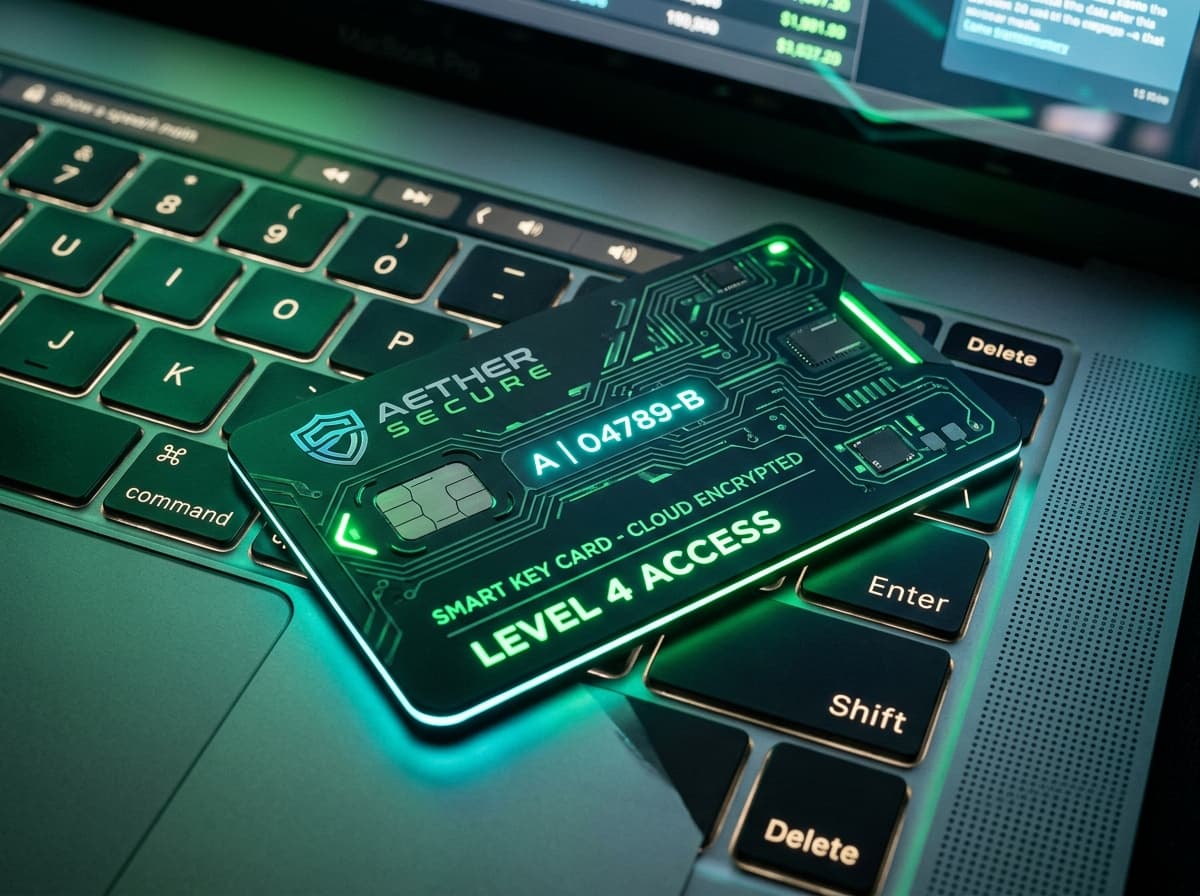 Close-up of smart key card representing level 4 secure digital access on a keyboard