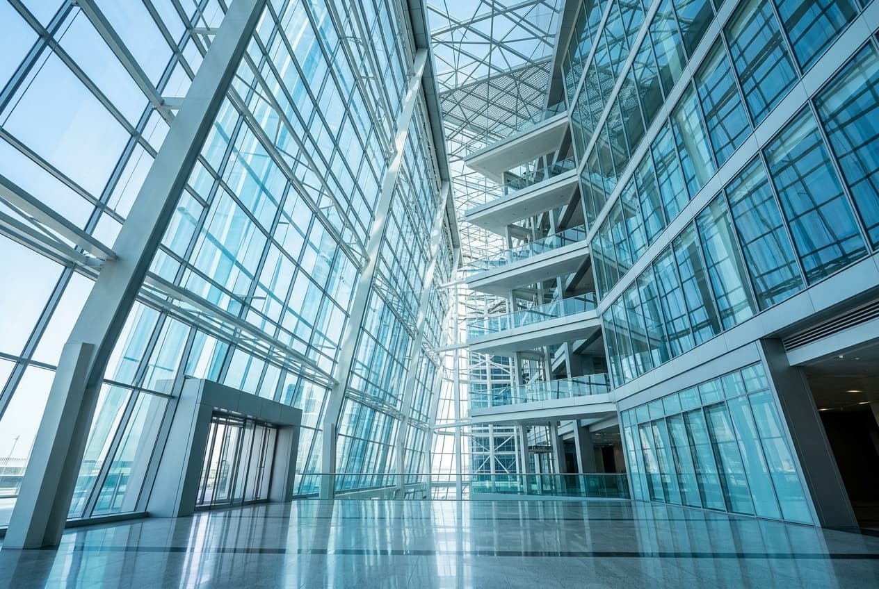 Minimal abstract glass building atrium with blue shadows representing architectural structure of compliance