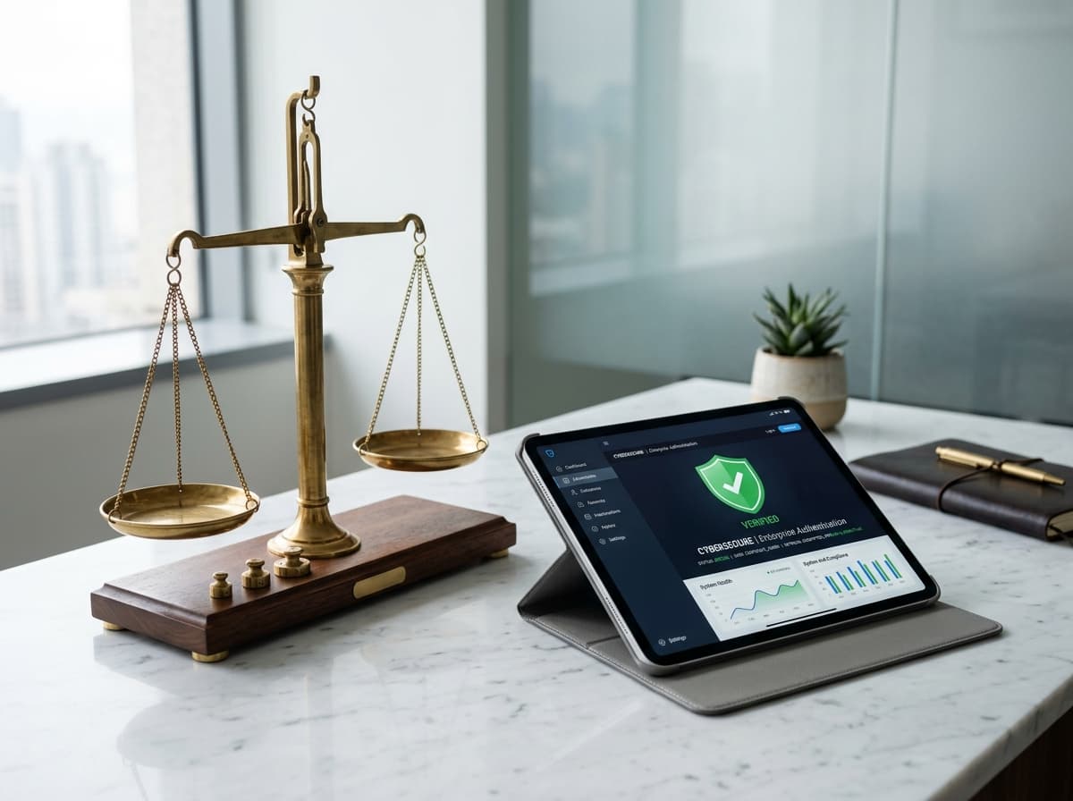 Sleek close-up of a premium brass balance scale next to a corporate tablet showing a verified security shield