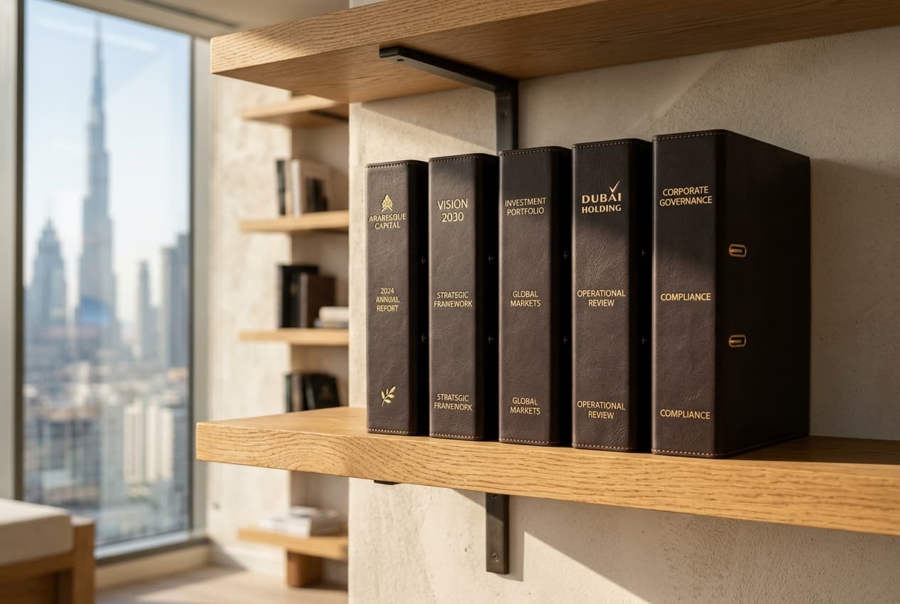 Custom corporate compliance documentation binders in sunlit Dubai office library