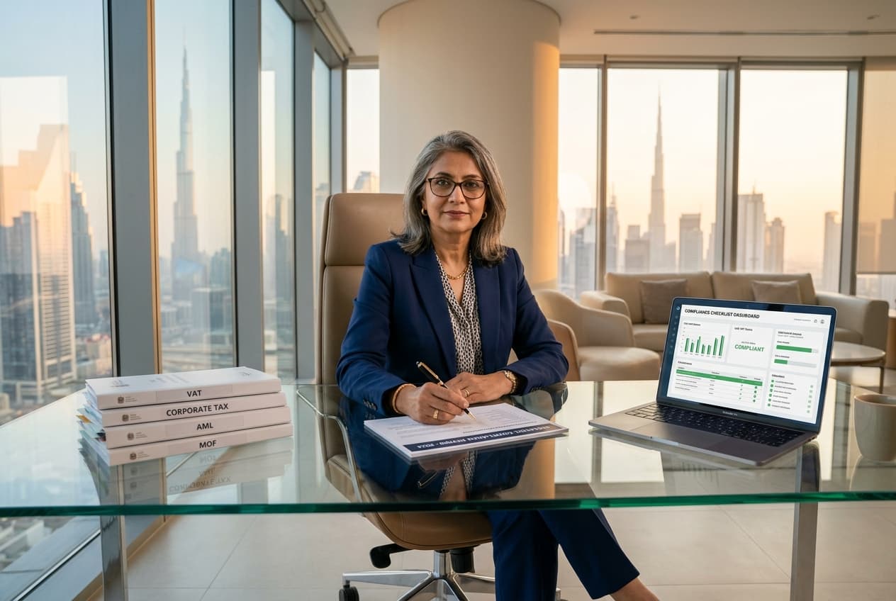 Senior compliance auditor reviewing UAE regulatory documents