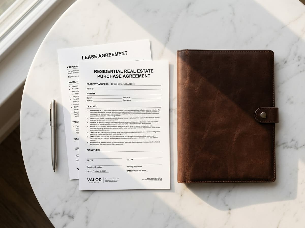 Close-up of lease agreement documents and a leather folder on a marble desk