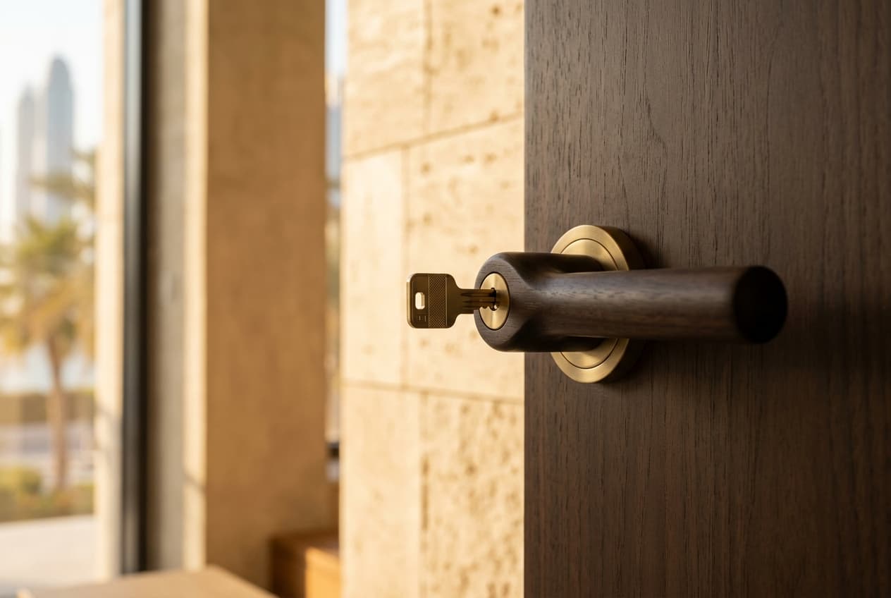 Minimal brass key inside dark wood door handle with Dubai limestone facade
