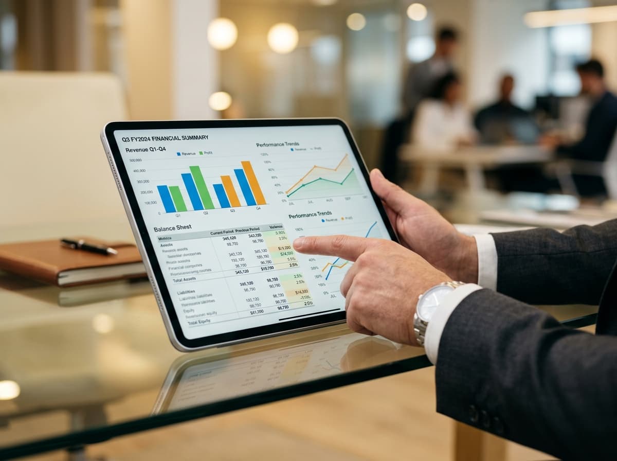 Financial audit dashboard review — tablet with financial figures