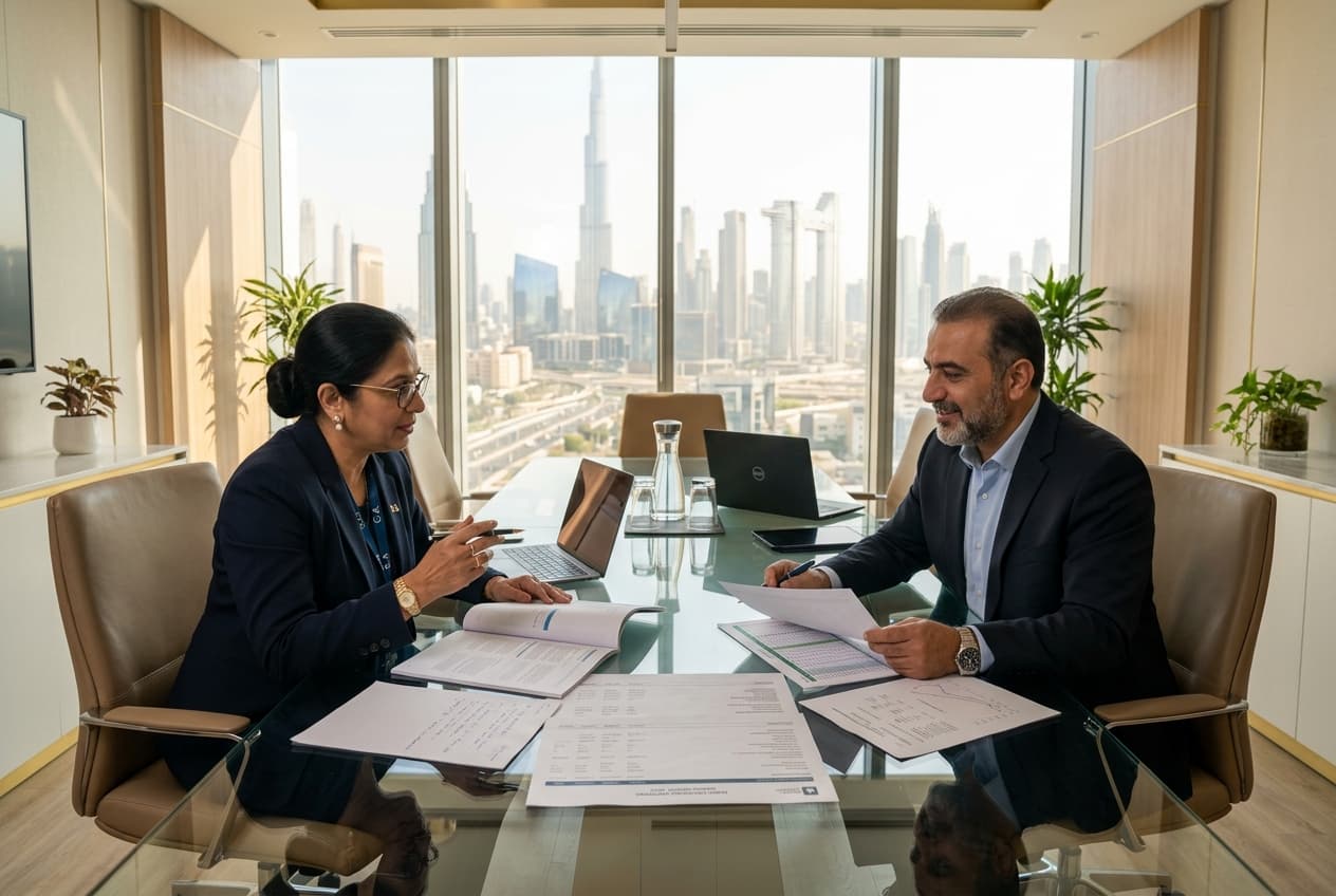 Financial Audit & Assurance Services — boardroom with Burj Khalifa view