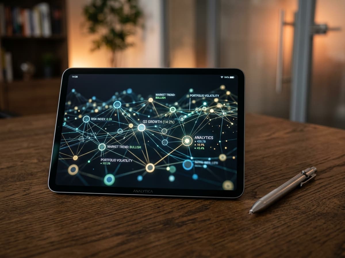 Close-up of modern tablet showing complex financial nodes and analytics on a table