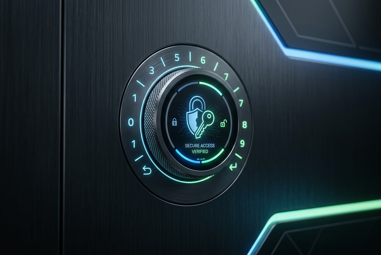 Cybersecurity lock dial in soft green and blue lighting representing goAML secure portal