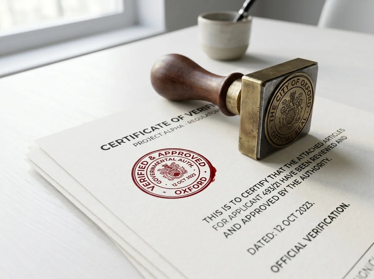 Close-up of a metal company seal stamp on top of official governmental documents