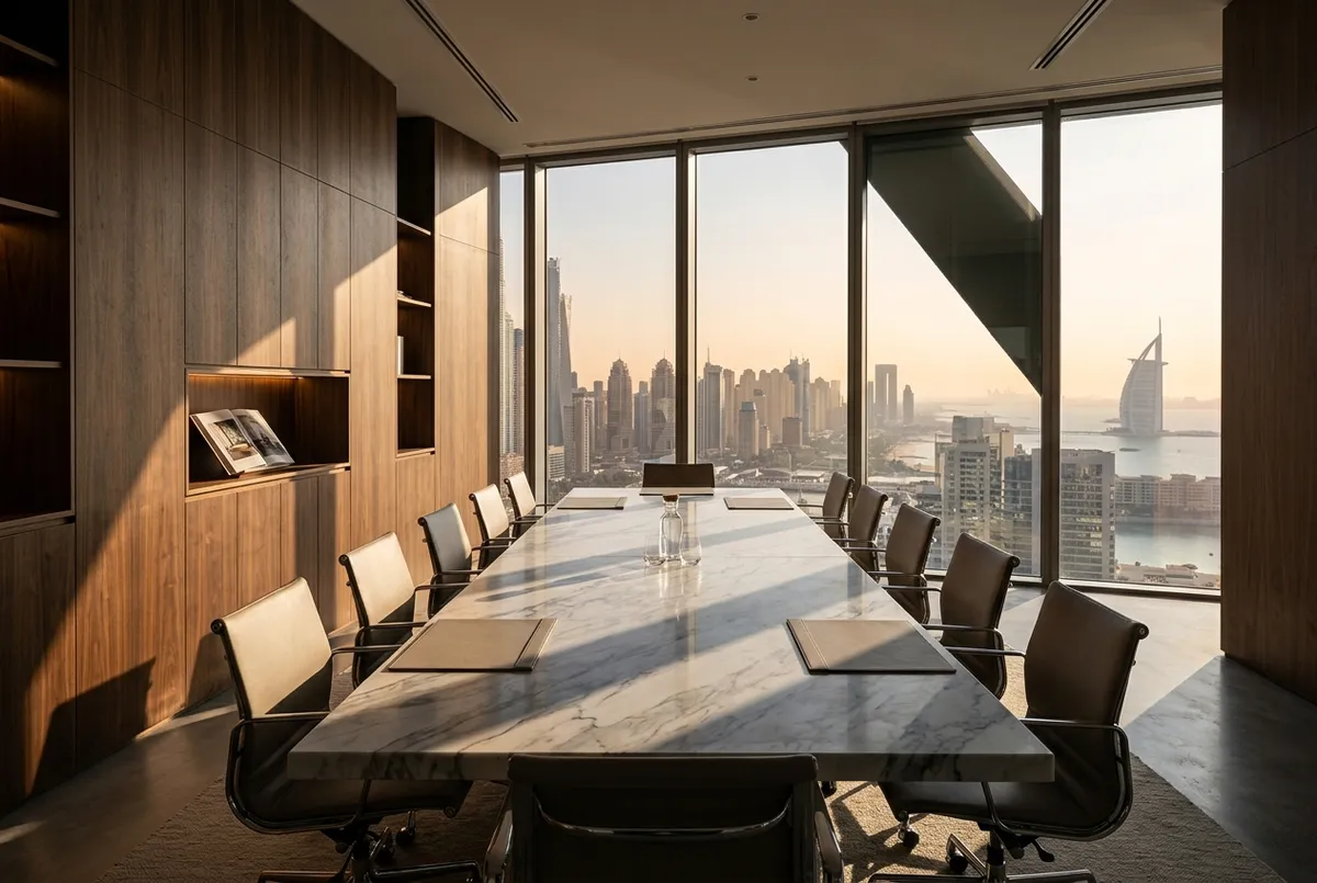 Empty modern Dubai marble conference room at sunset representing dissolution and resolution