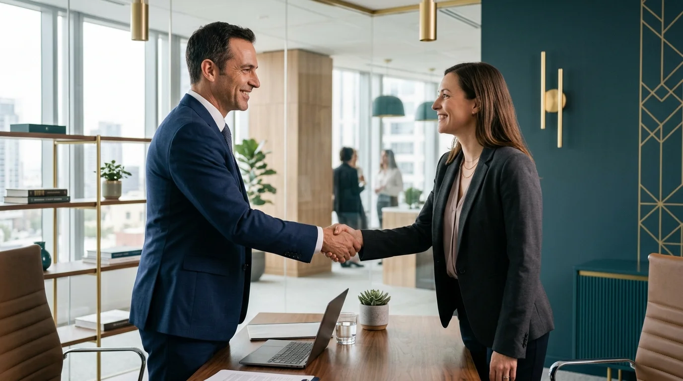 A calm, reassuring professional consultant shaking hands with a relieved client in a sleek, bright office.