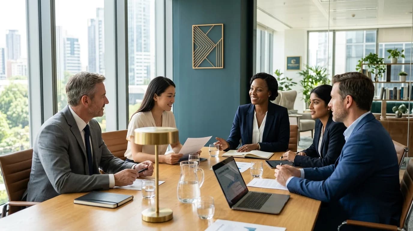A diverse team of professionals in a sleek boardroom having a reassuring discussion about compliance.