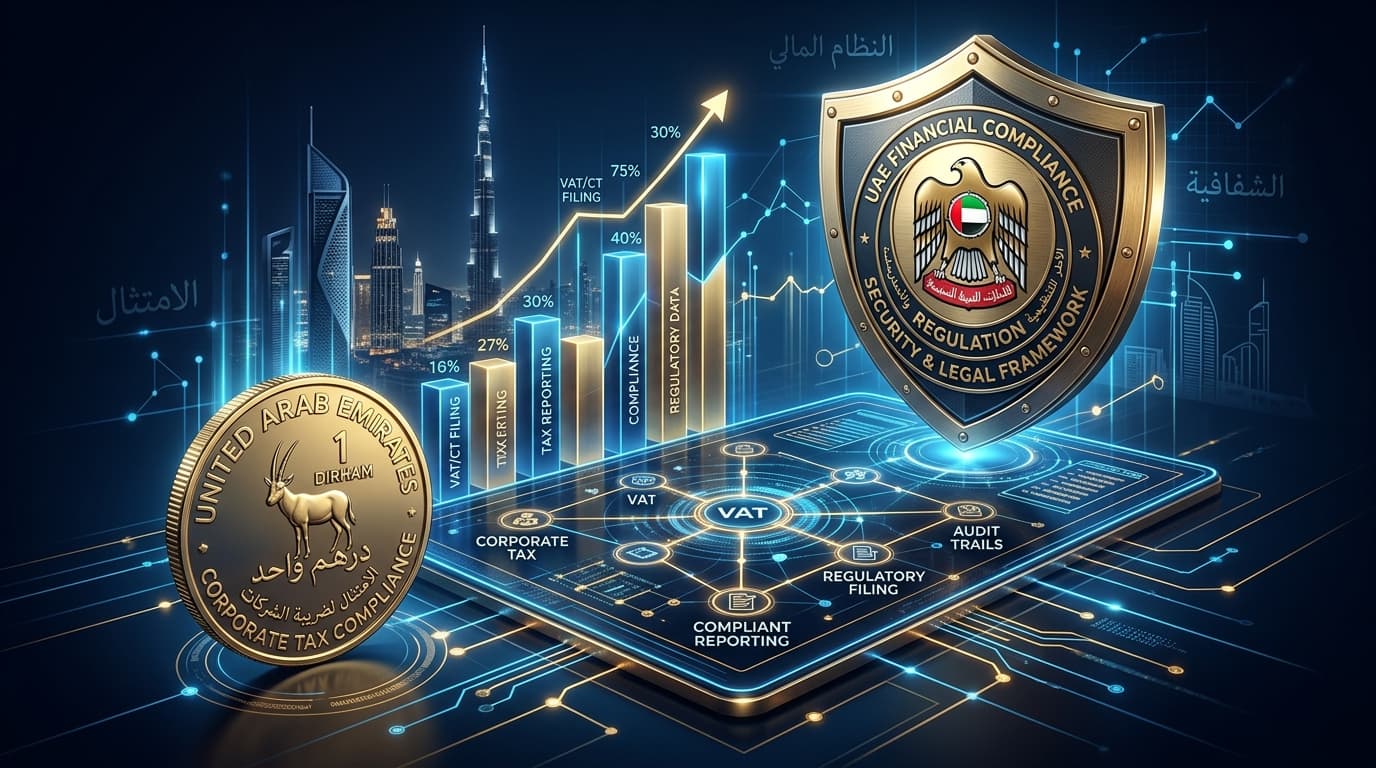 Sophisticated conceptual illustration representing corporate tax and financial compliance in the UAE with a glowing digital ledger and UAE Dirham coin
