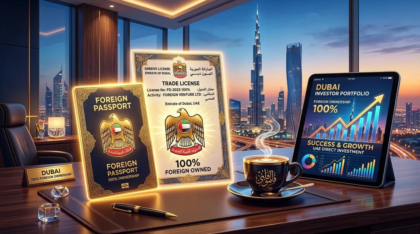 Luxurious illustration representing 100% foreign ownership in Dubai with a stylized golden passport and UAE trade license