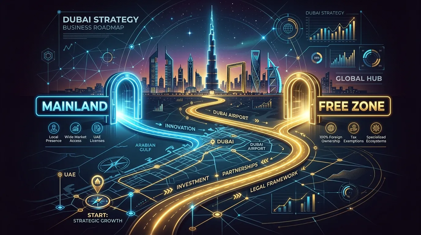 Modern vector illustration of a strategic business roadmap branching into MAINLAND and FREE ZONE portals