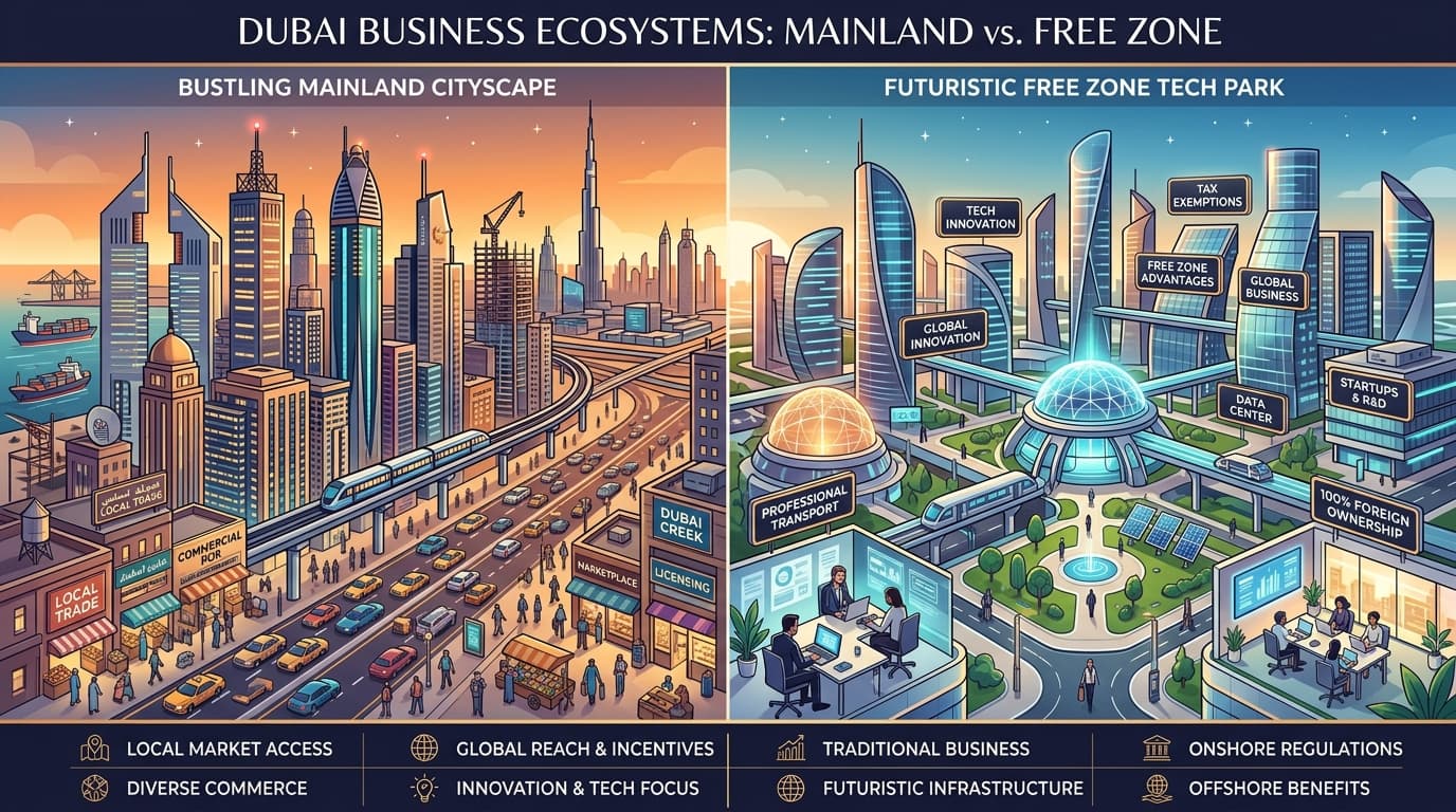 Illustration comparing the bustling Dubai Mainland cityscape with a futuristic enclosed Free Zone tech park