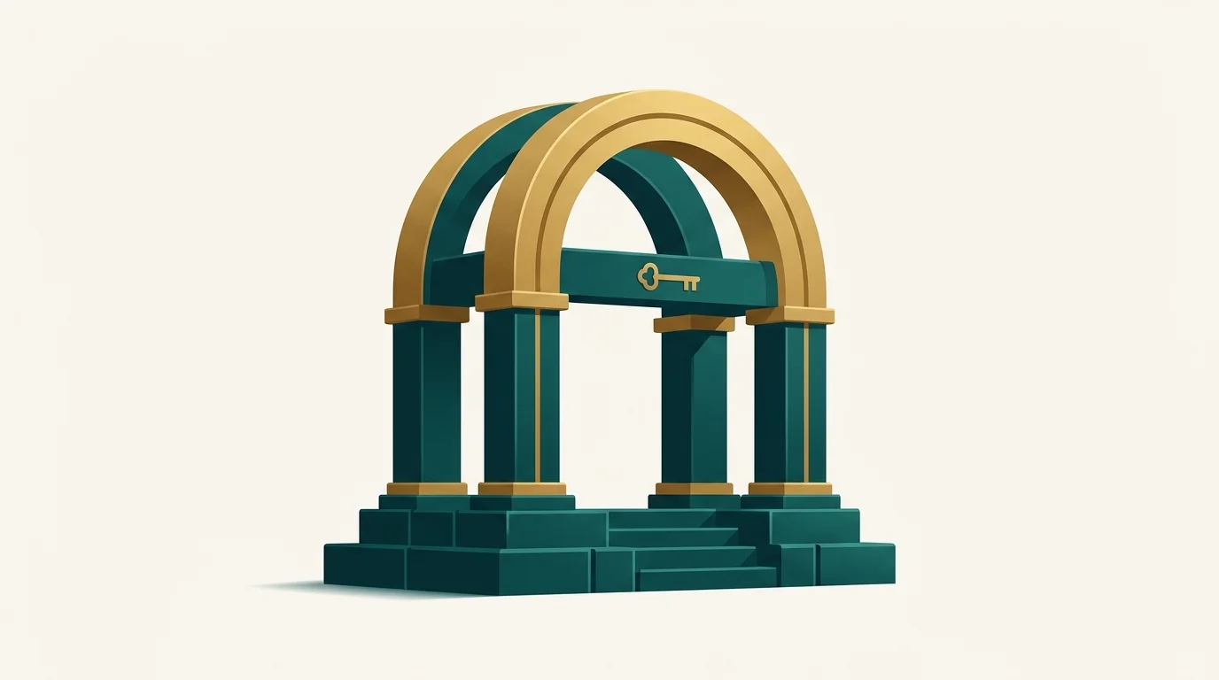 Sleek, minimalist architectural archway symbolizing a secure and compliant foundation in deep teal and warm gold
