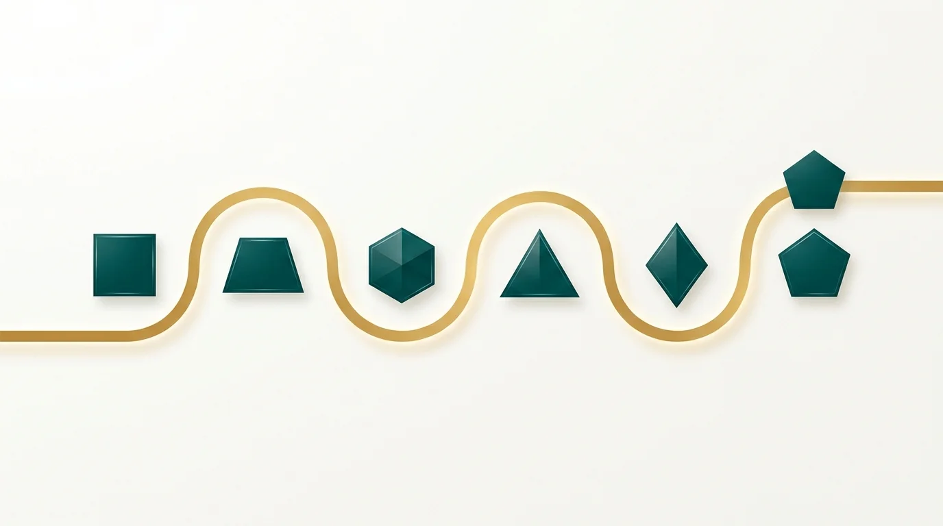 Elegant golden timeline pathway connecting deep teal geometric milestones on a soft off-white background