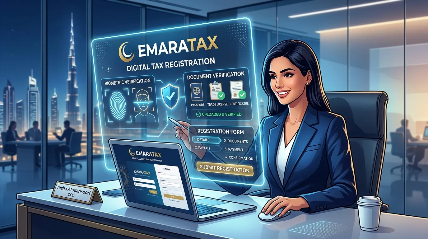 Modern professional illustration representing digital tax registration on the EmaraTax portal with biometric security elements