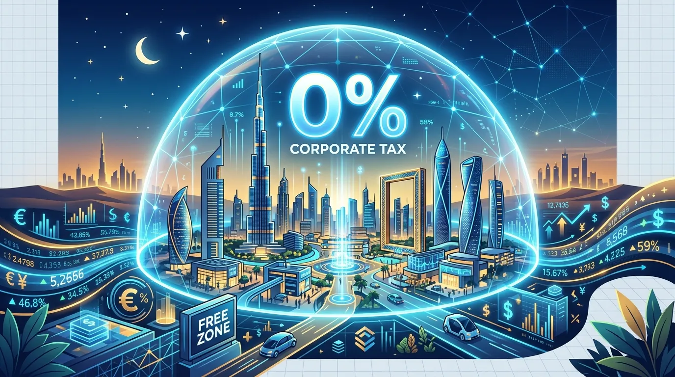 Sleek modern illustration conceptualizing Free Zone corporate tax exemptions in the UAE with a transparent glowing dome and 0% holographic text