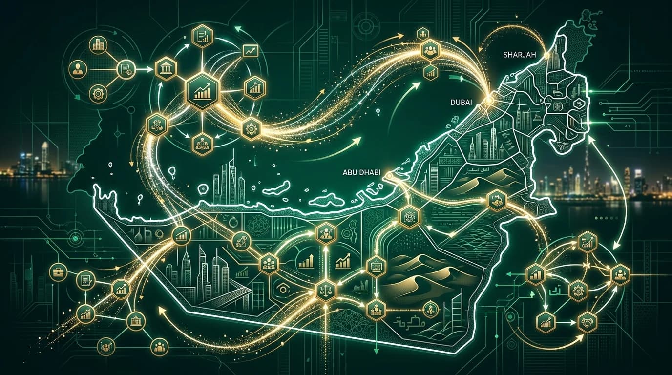 Dynamic conceptual vector illustration of corporate restructuring across a high-tech map of the UAE