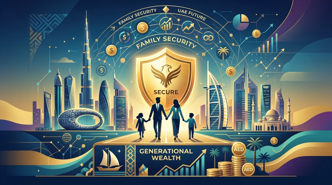 Modern abstract vector illustration conceptualizing family and generational wealth security in the UAE with a glowing golden shield protecting family silhouettes