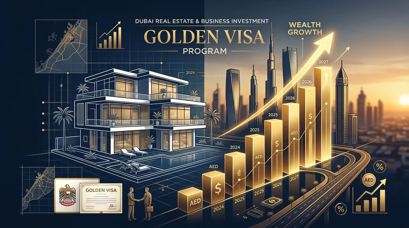 Illustration conceptualizing real estate and business investment in Dubai for a Golden Visa with a sleek blueprint of a luxury villa merging into a glowing golden bar chart