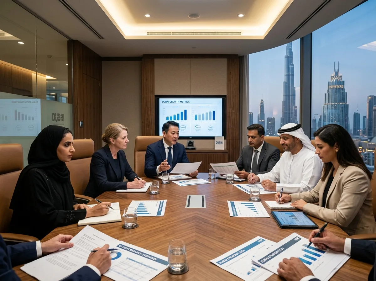 Sophisticated boardroom discussion in a premium Dubai corporate office