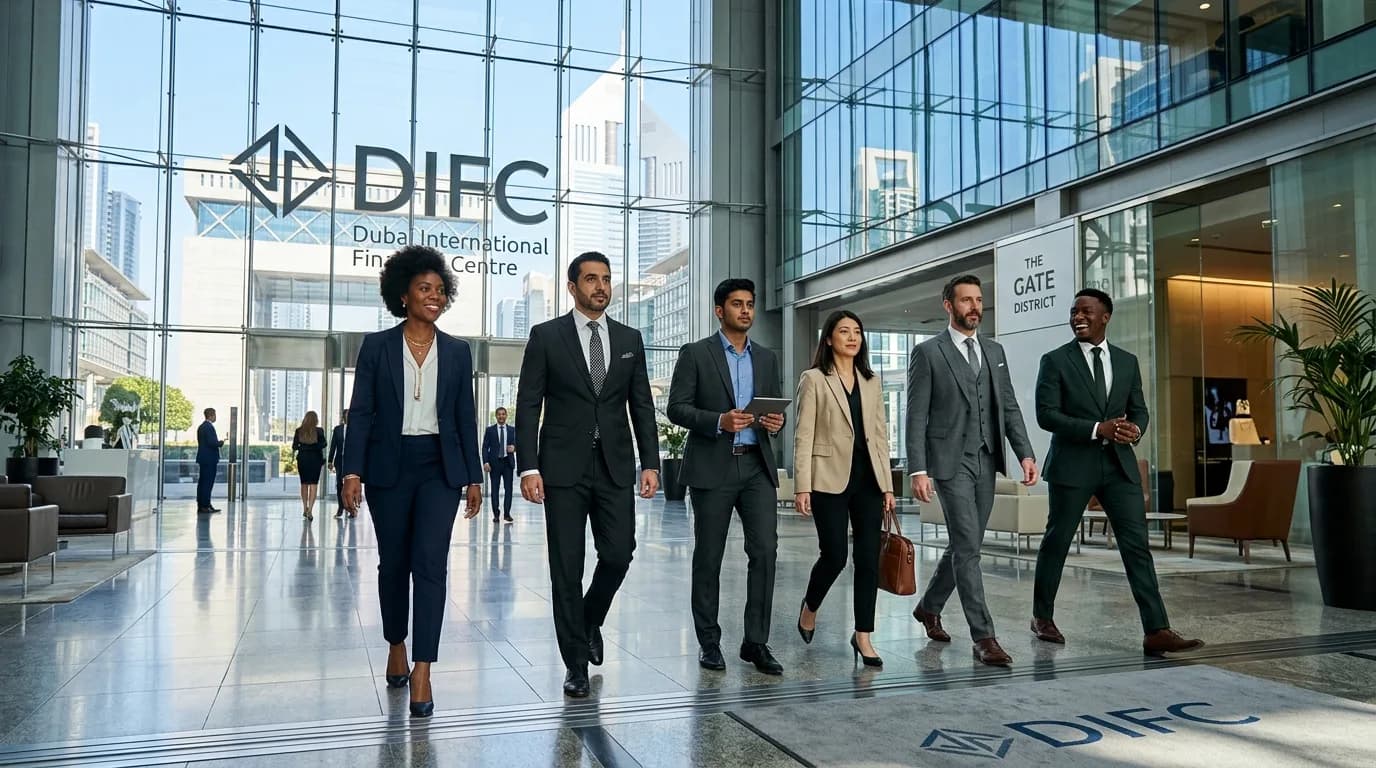 Diverse corporate team walking through a premium DIFC lobby
