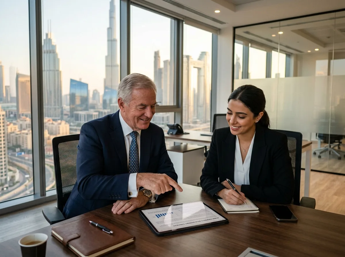 Senior partner mentoring a younger associate in a modern Dubai office