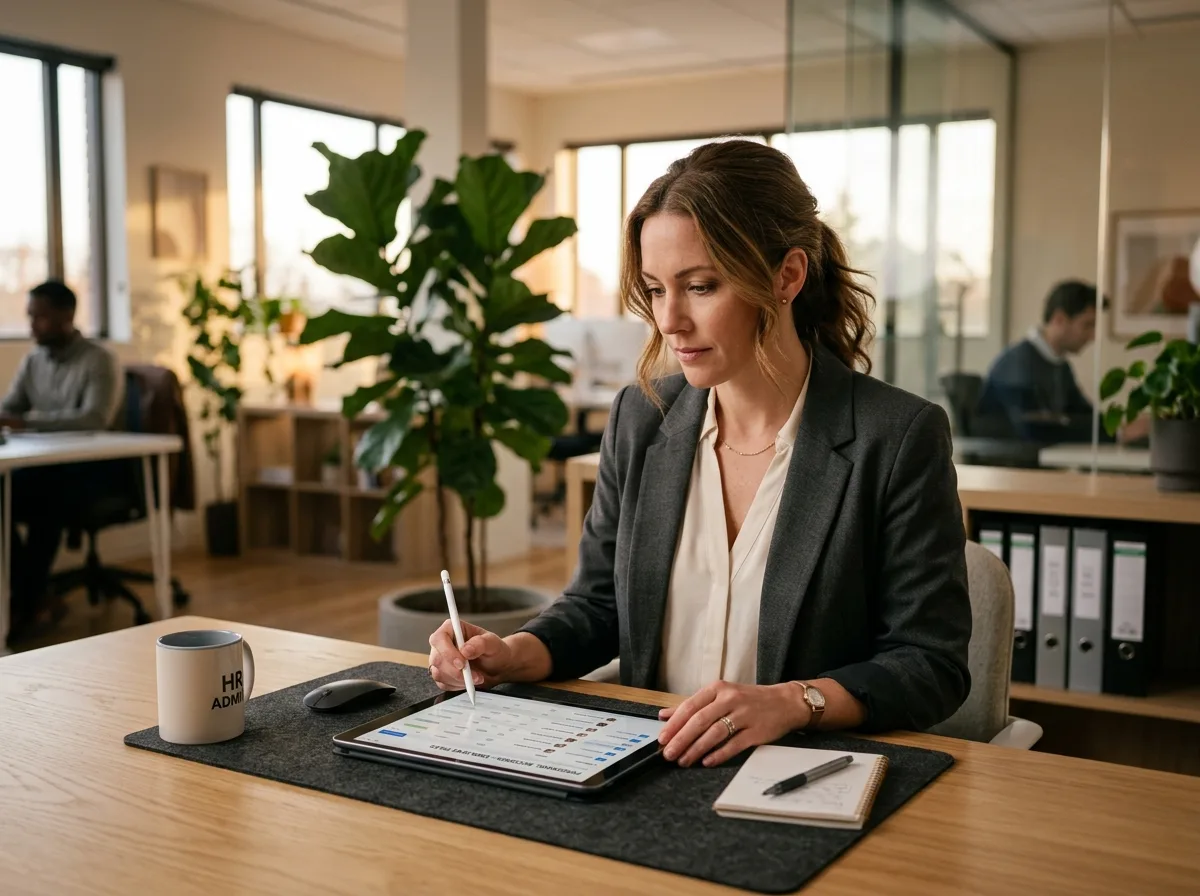 HR administrator organizing employee files on a digital tablet in a modern workspace