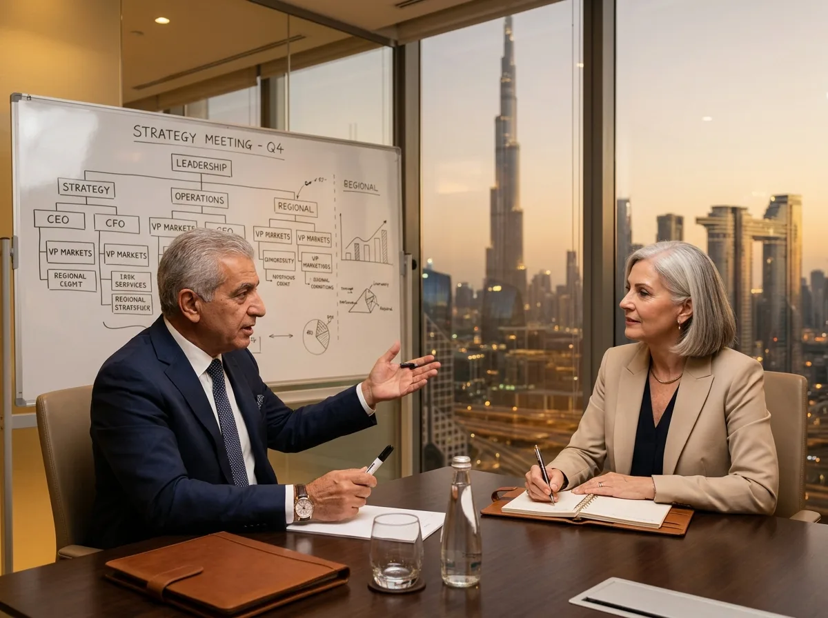 Two senior professionals in a strategy meeting with organisational chart on whiteboard