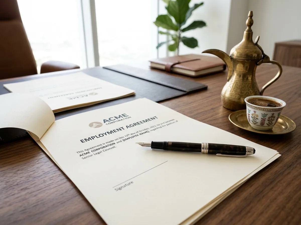 Elegant employment contract documents on a premium corporate desk with fountain pen