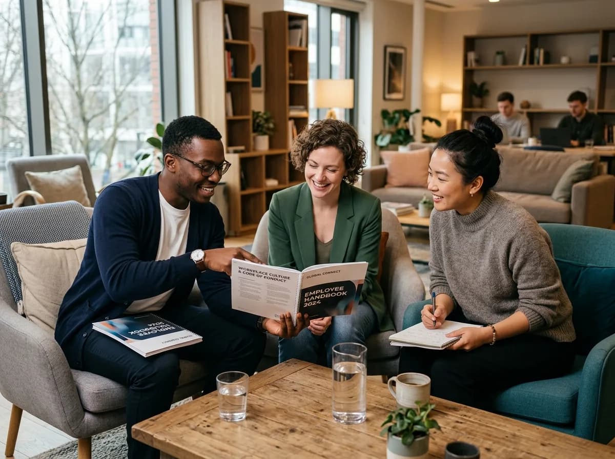 Team of three professionals reviewing a company employee handbook together in a modern office lounge