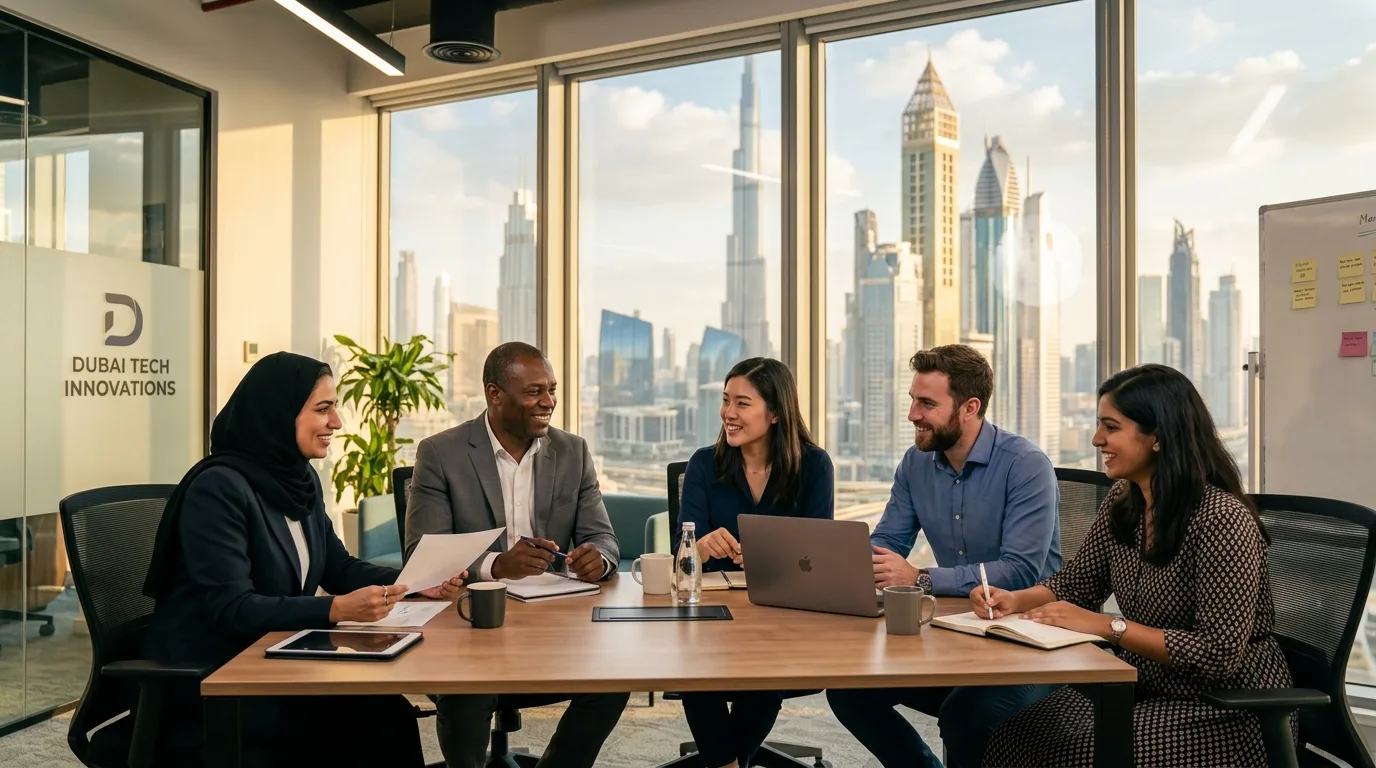 Diverse professional team collaborating in a modern Dubai office