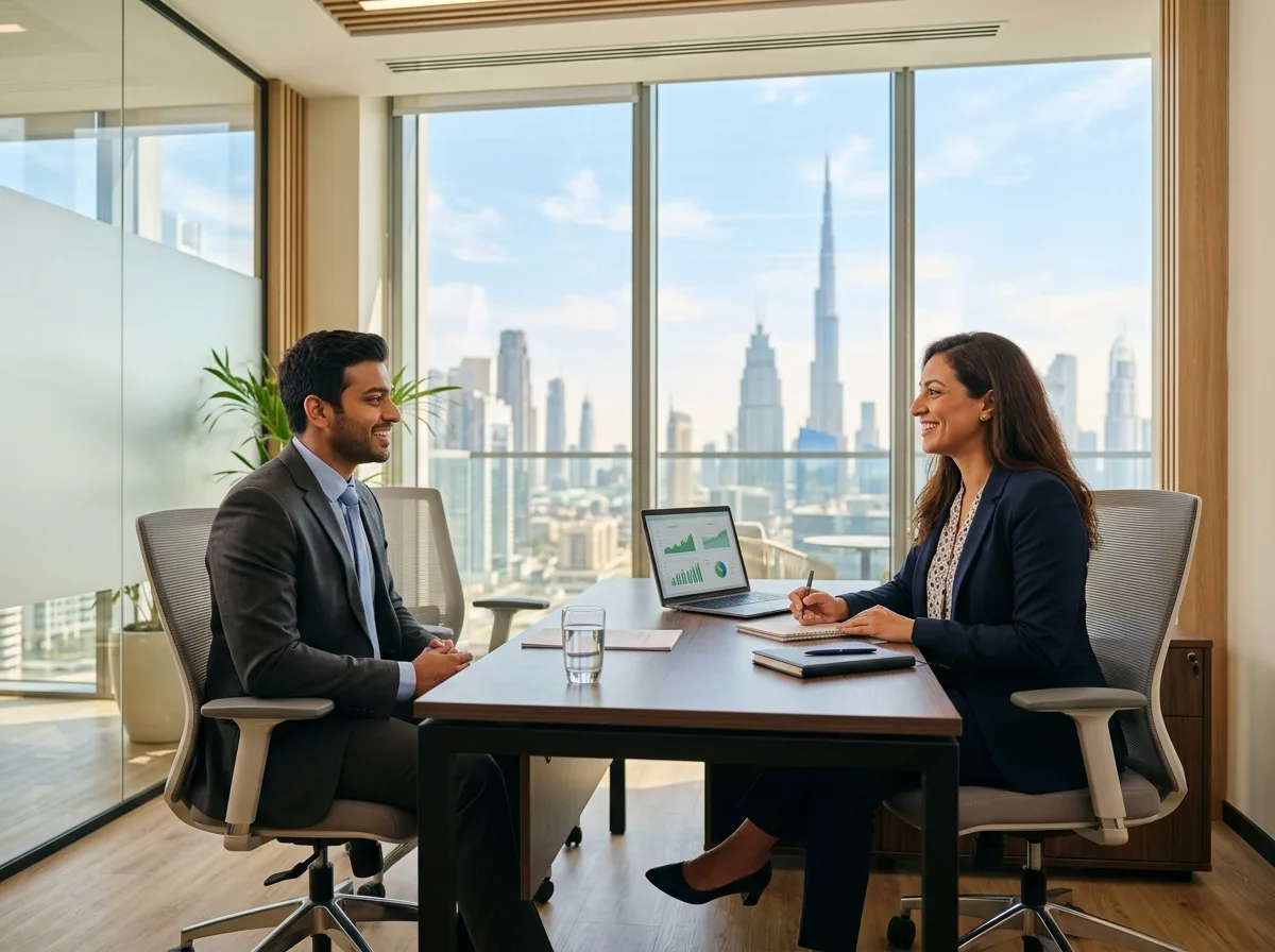 Friendly professional job interview scene in a modern Dubai office with Burj Khalifa view