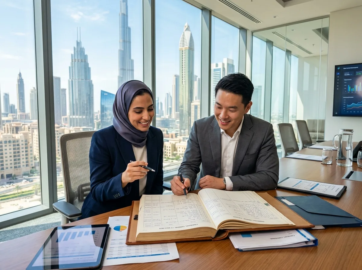 Two professionals happily reviewing a financial ledger in a sunny boardroom