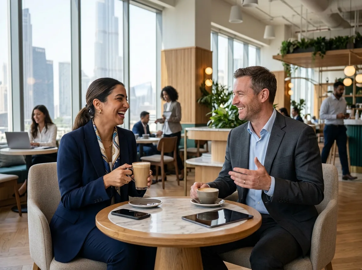 Two colleagues chatting happily in a corporate lounge setting in Dubai