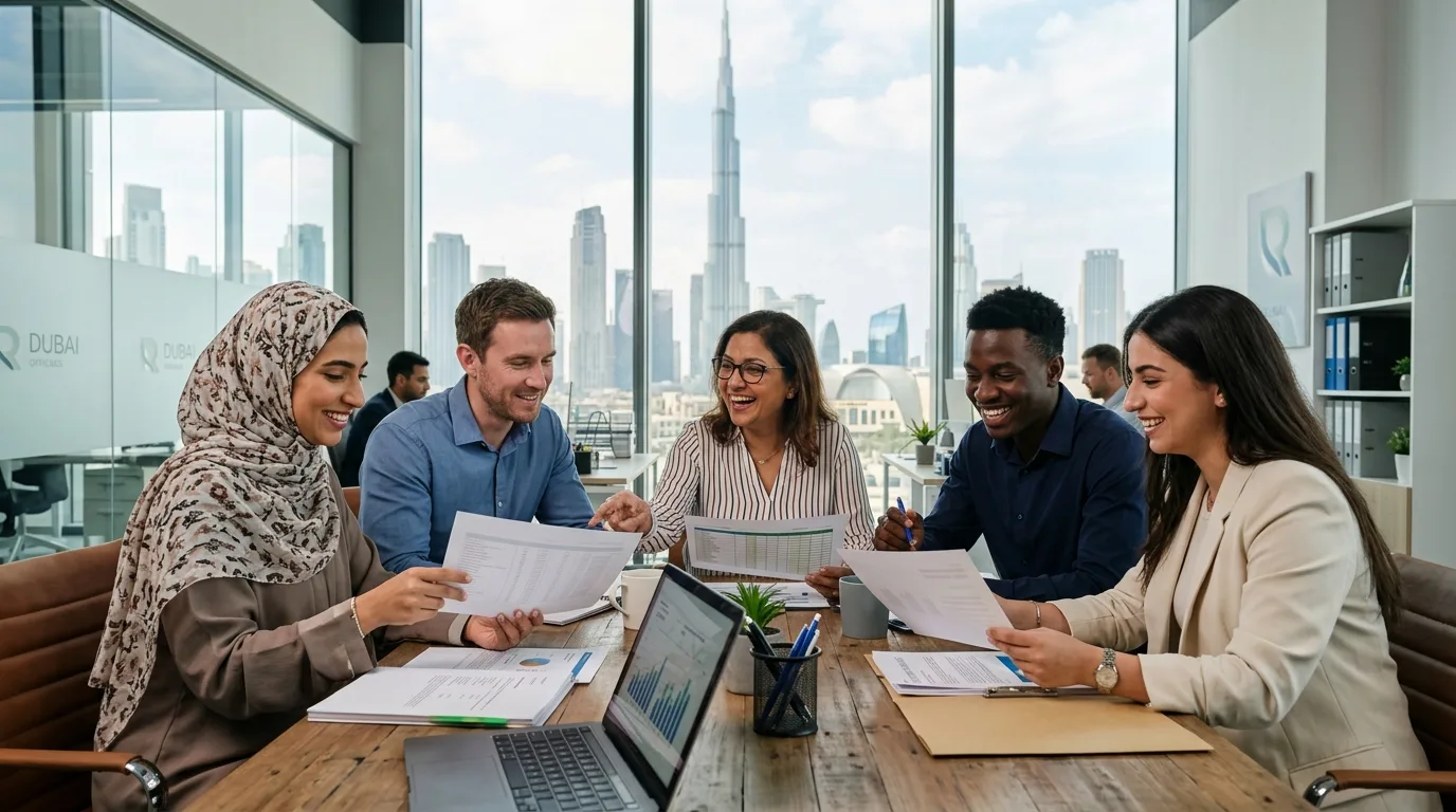 Diverse HR and finance team collaborating in a modern Dubai office