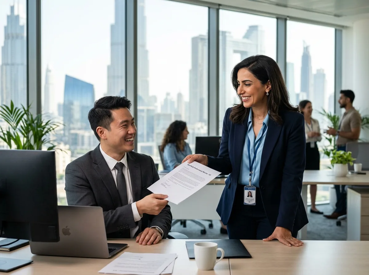 Financial manager handing a document to a happy employee in a Dubai office