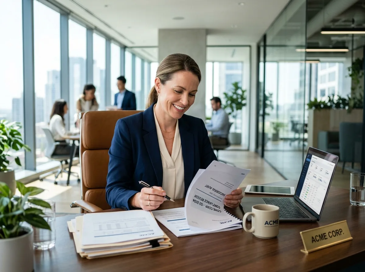 Confident business owner reviewing documents at a sleek desk